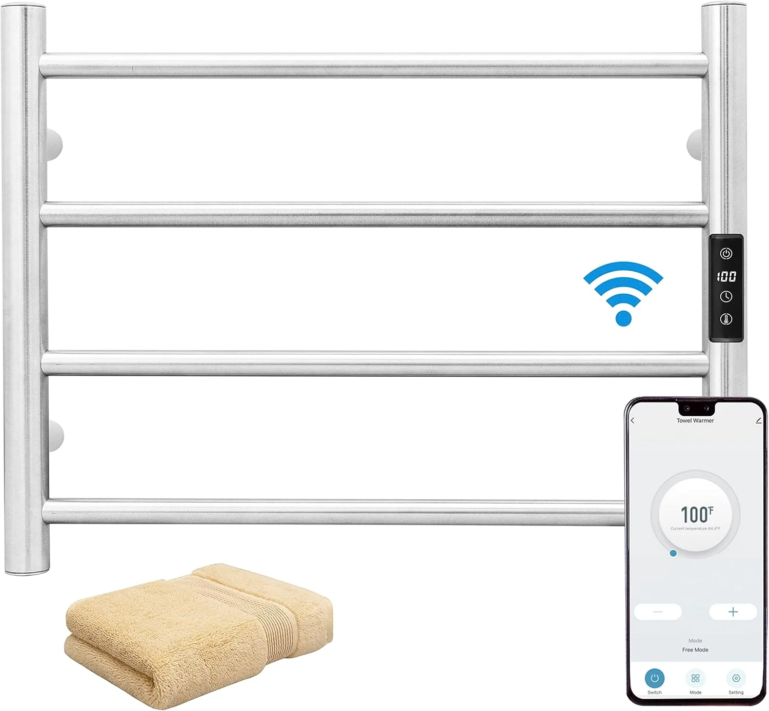 Official KEG Smart WiFi Towel Warmer Wall Mounted with Built-in Timer and Temperature Adjust Control 4 Bars Electric Stainless Steel Heated Towel Racks for Bathroom Brushed Nickel Environmentally Friendly