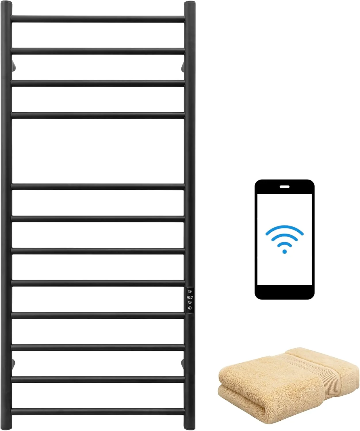 Long-Lasting KEG Smart WiFi Towel Warmer Wall Mounted with Built-in Timer and Temperature Adjust Control 12 Bars Electric Stainless Steel Heated Towel Racks for Bathroom Black Premium