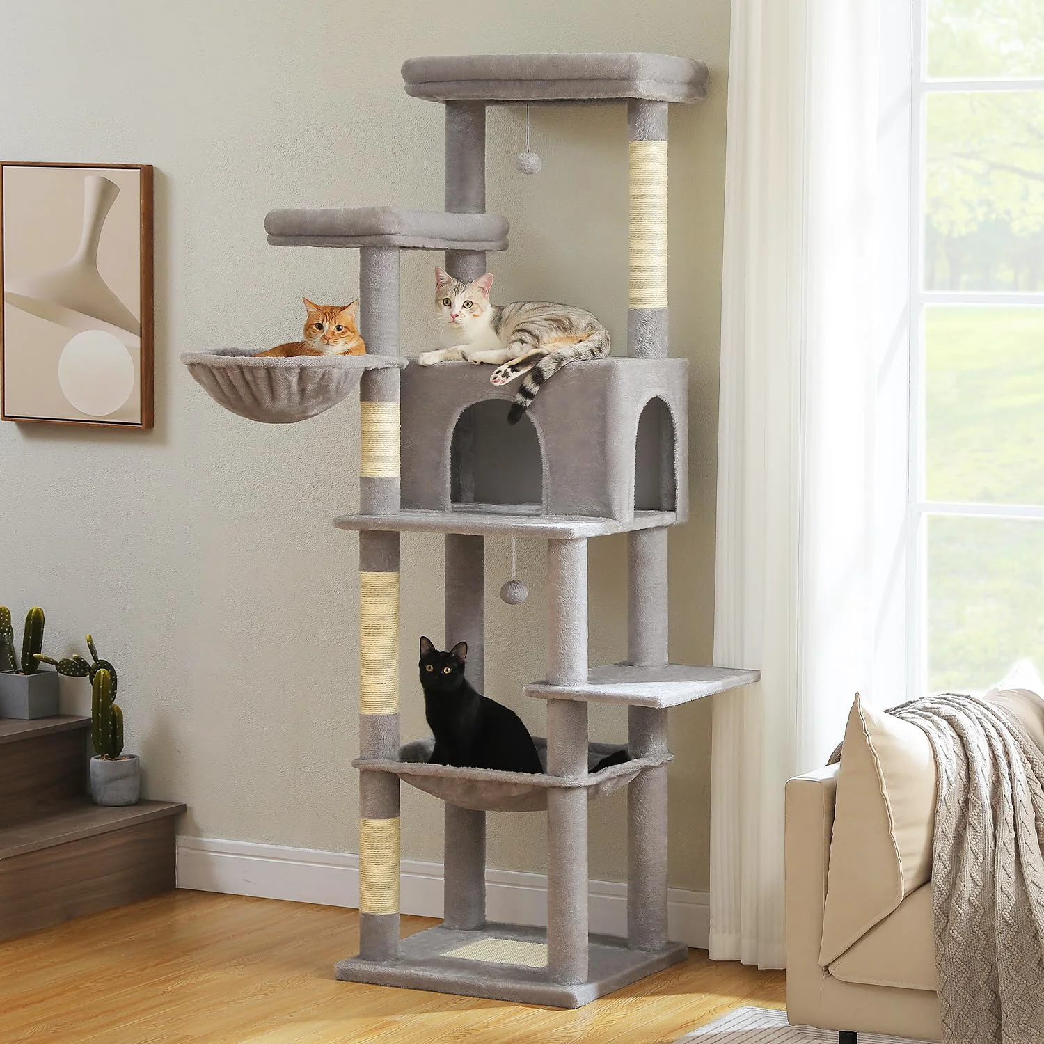 Trusted PAWZ Road Tall Cat Tree 73 Inches Large Cat Tower with Large Padded Perch 2 Spacious Hammocks 8 Long Scratching Posts XL Plush Cat Condo for Indoor Adult Cats Gray Elite