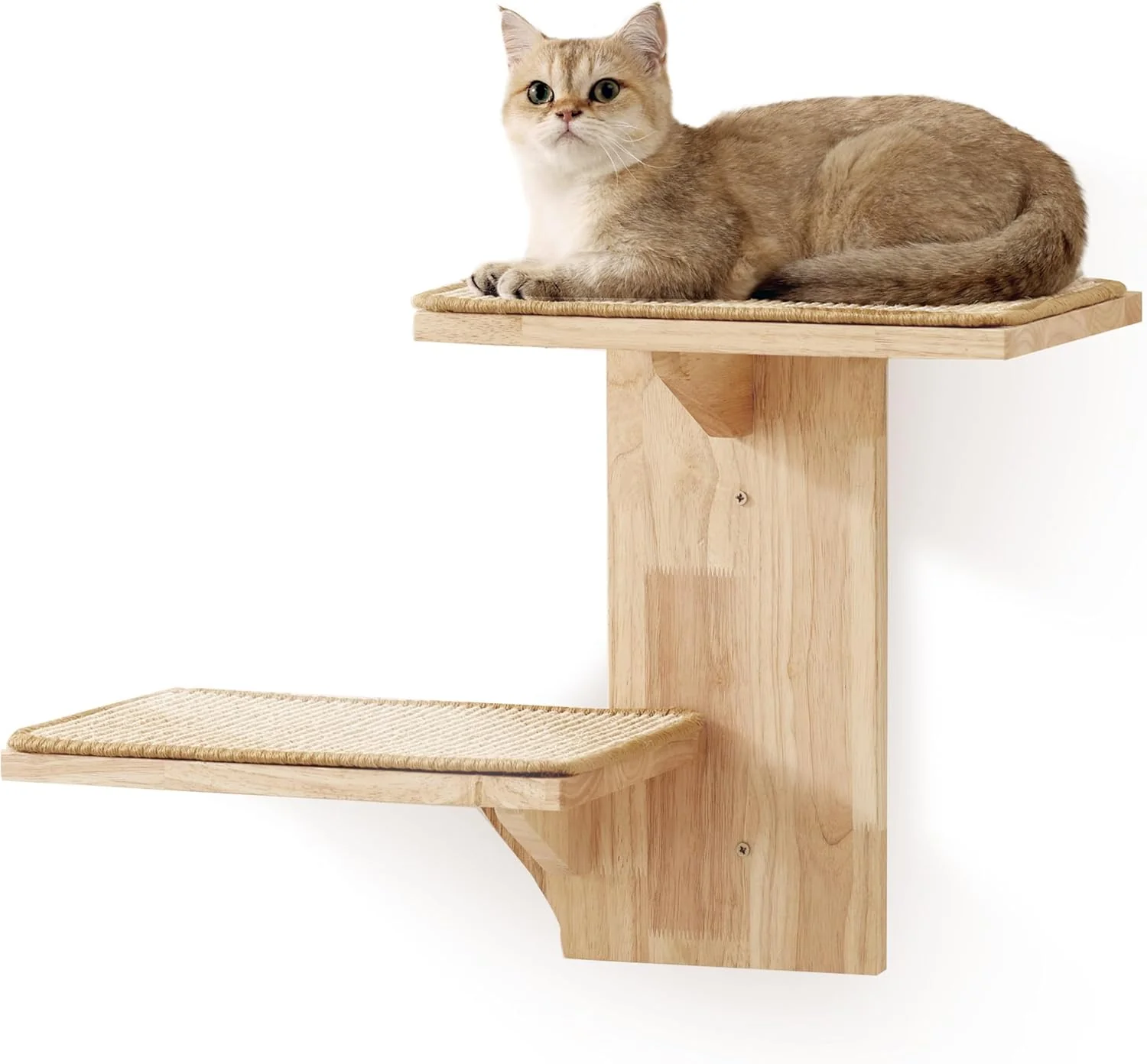 Classic FUKUMARU Cat Wall Shelves 2 Platform Kitten Wall Furniture Tree Shape Wall-Mounted Floating Shelf with Sisal Mat Solid Rubber Wood Cats Perch for 16 Inch Drywall Suitable for Climb Play Nap Stylish