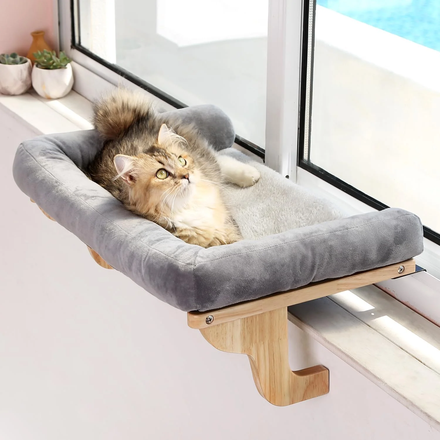 Breathable Cat Perch for Window Sill with Bolster - Orthopedic Hammock Design with Premium Hardwood Robust Metal Frame - Cat Window Seat for Large Cats and Kittens - Natural Color Wood with Gray Bed Flexible
