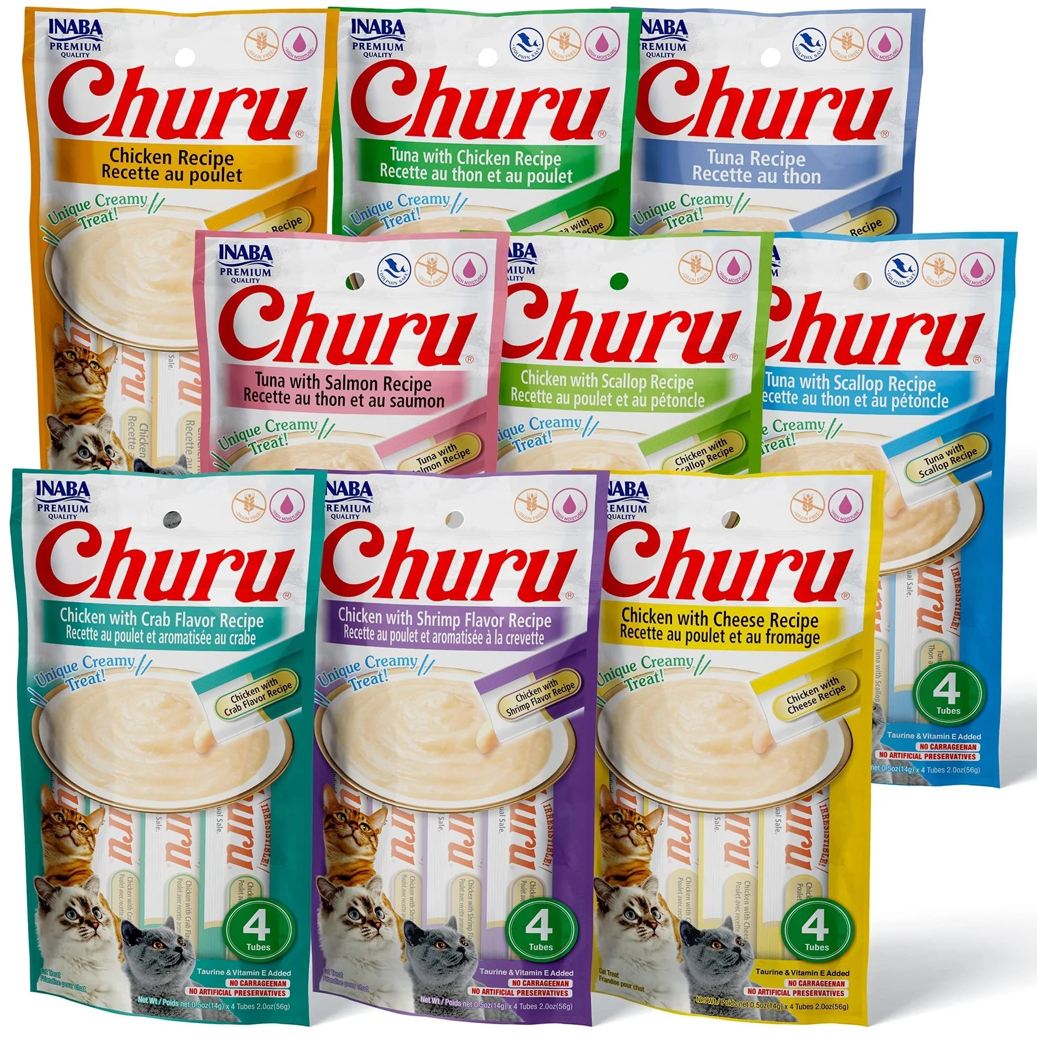 Fashionable INABA Churu Cat Treats – Grain- Lickable Purée Topper 36 Tubes 9 Flavors Certified