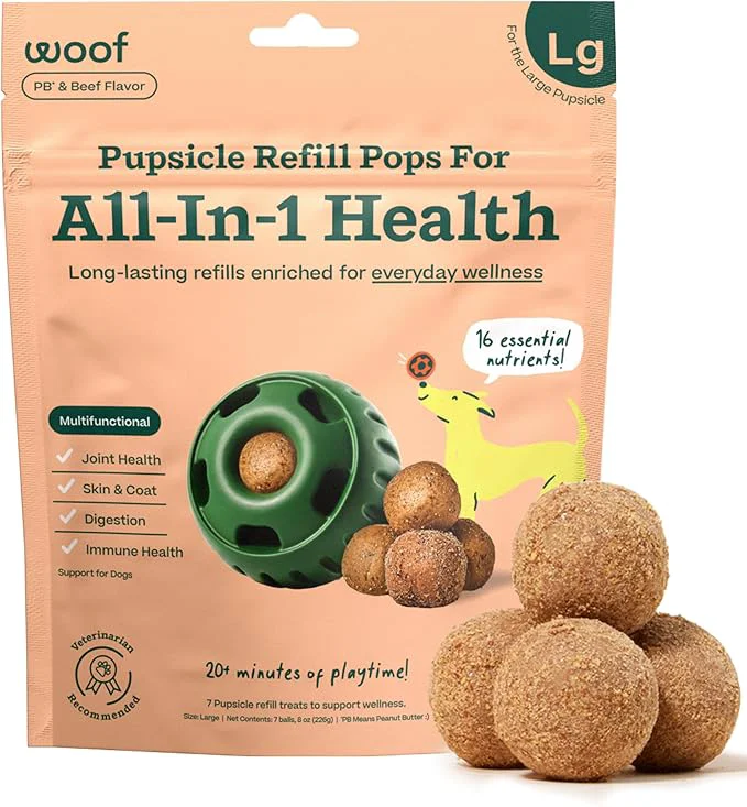 Durable WOOF Pupsicle Refill Pops for All-in-1 Health - Long-Lasting Multivitamin Refills for The Pupsicle Toy - with Vitamins A B D Iron Magnesium and Fiber - Large Pops - 7 CountAbout ThisOverview Elite