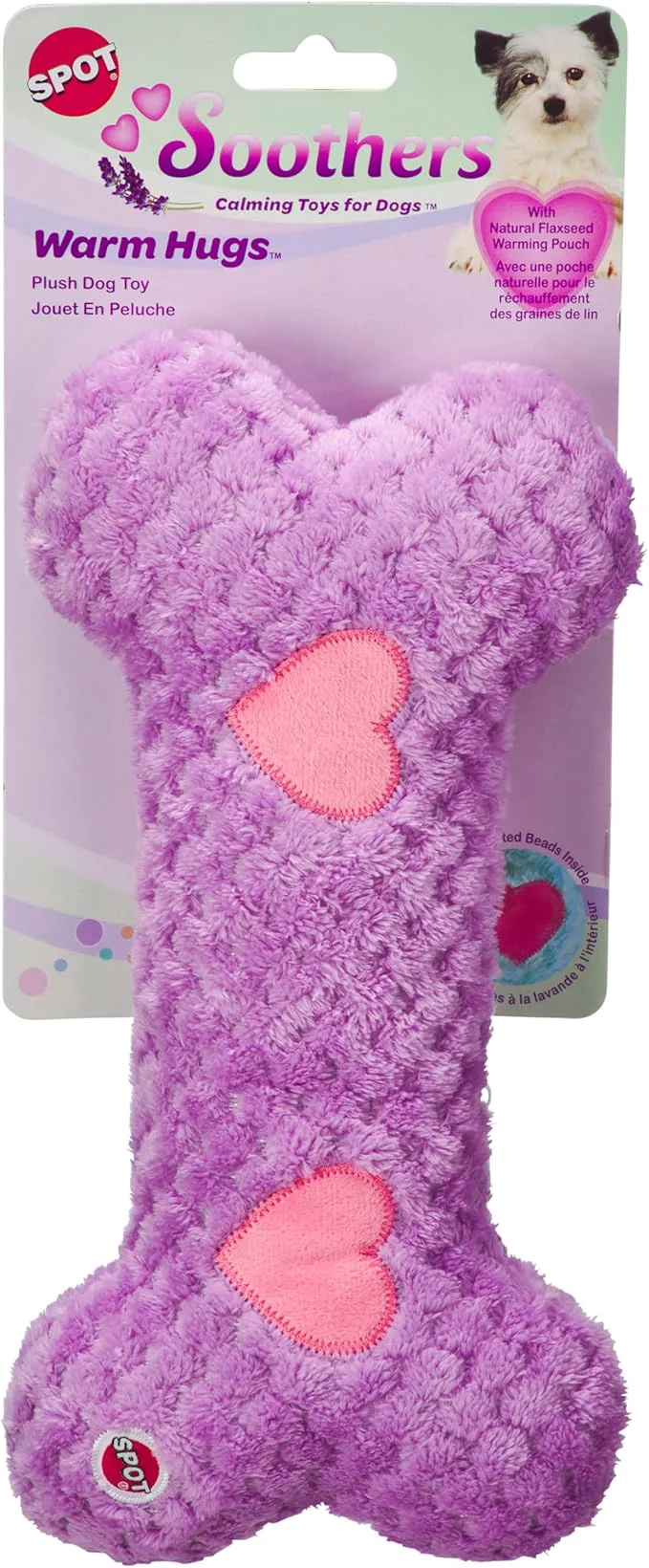 Organic SPOT Soothers Warm Hug Bone - Calming Plush Dog Toy with Lavender Scented Beads Removable Squeaker Microwavable Warming Pouch Separation Anxiety Relief for Medium to Large Dogs and Puppies 12inAbout This Safe