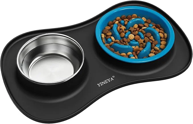 Traditional Slow Feeder Dog Bowls Stainless Steel Food and Water Bowl Set 3 in 1 No Spill Waterproof Silicone Pet Food Mat Puppy Feeding Station for Large Medium Small Breed Non Slip Metal Dish Tray by YINEYAAbout ThisOverview Outstanding
