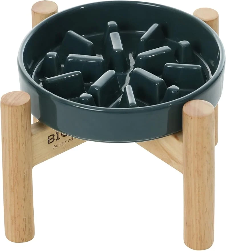 Proven Ceramic Maze Dog Slow Feeder with Non-Slip Silicone Rim Bamboo Stand – Heavy-Duty Stoneware Bowl with Puzzle Pattern for Bloating Obesity Prevention Raised-Blue-M About ThisOverview User-Friendly
