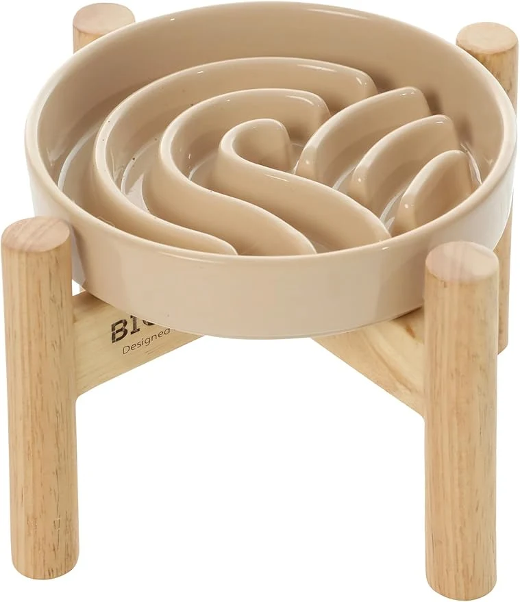 Easy-to-Use Ceramic Maze Dog Slow Feeder with Non-Slip Silicone Rim Bamboo Stand – Heavy-Duty Stoneware Bowl with Puzzle Pattern for Bloating Obesity Prevention Raised-Apricot-S About ThisOverview Quality