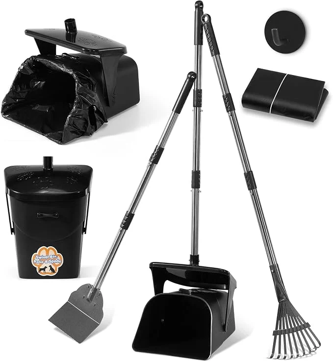 Elite Stainless Steel Dog Pooper Scooper Rake and Spade 20 Waste Bags Hook Sophisticated