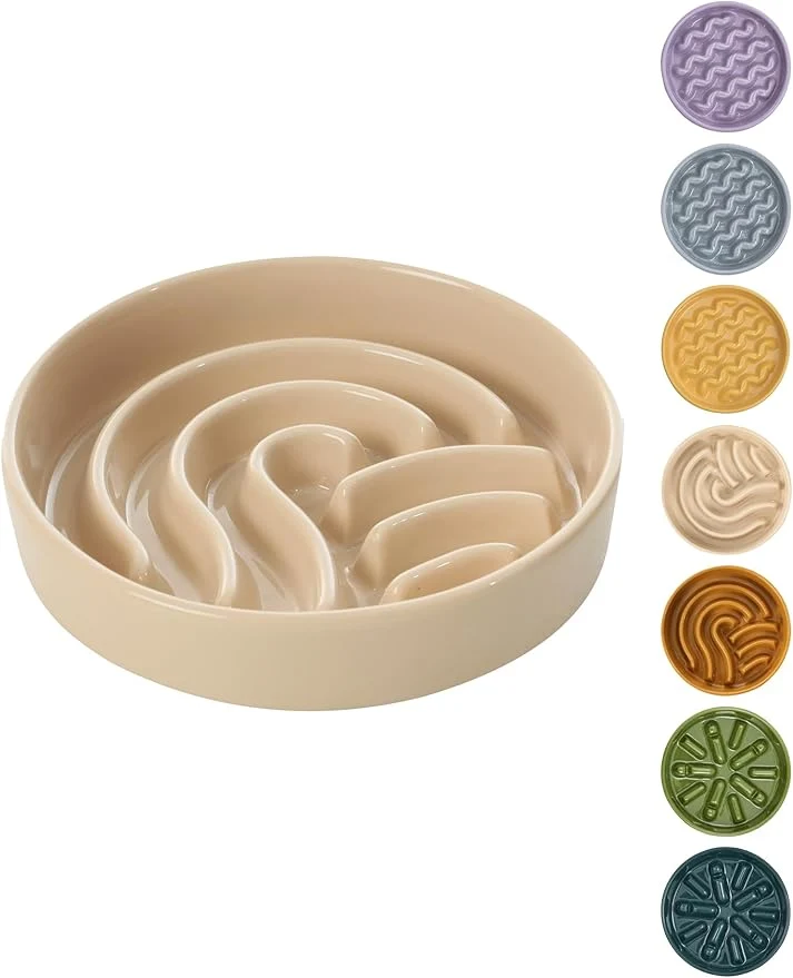 Certified Ceramic Maze Dog Slow Feeder with Non-Slip Silicone Rim – Heavy-Duty Stoneware Bowl with Puzzle Pattern for Bloating Obesity Prevention Apricot-S About ThisOverview Green