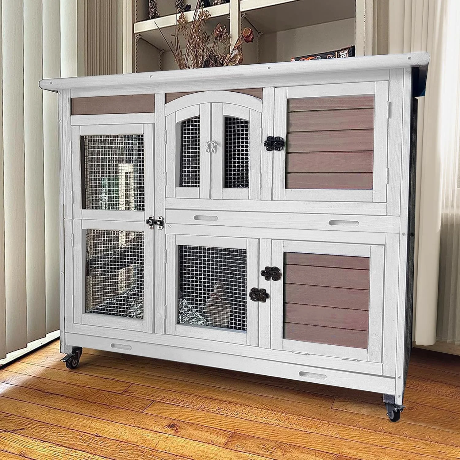 Top-Quality GUTINNEEN Rabbit Hutch Indoor Outdoor Bunny House Guinea Pig Cage on Wheel with Plastic Tray 47inch Brown Stylish