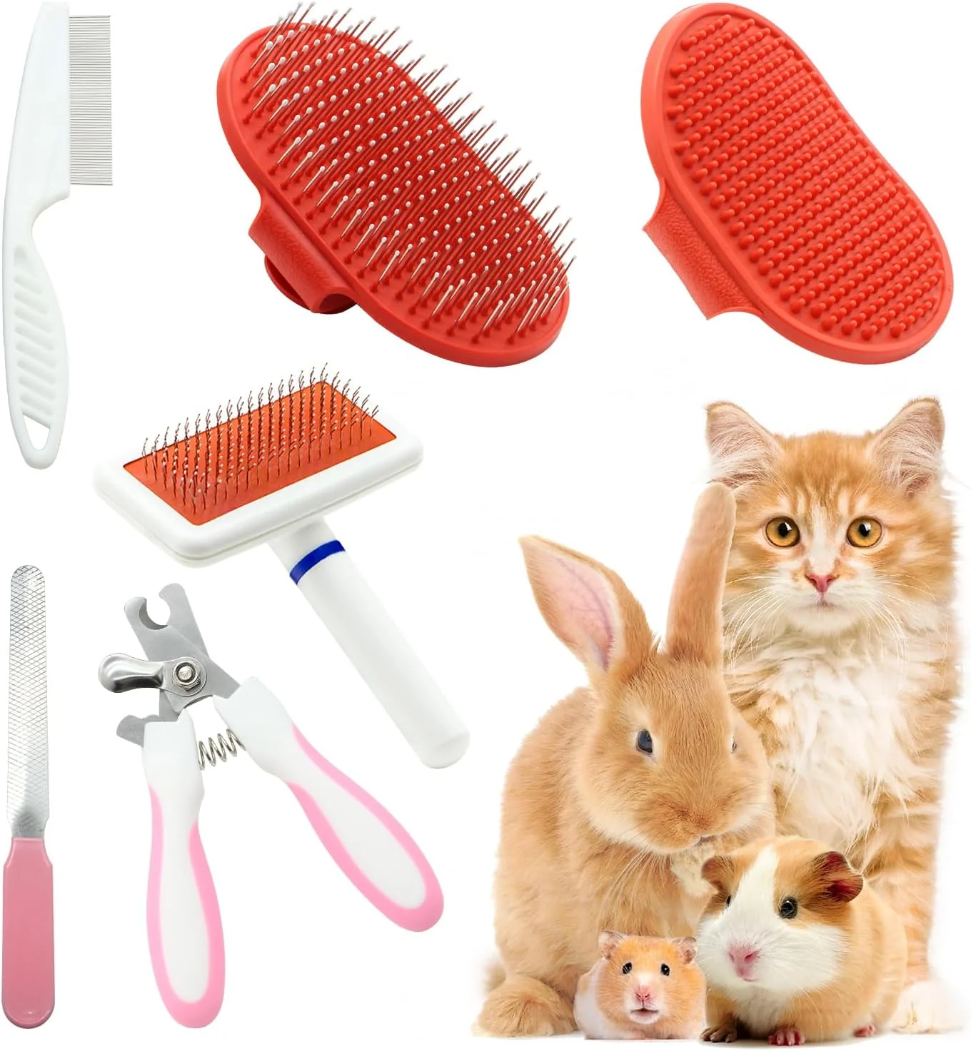 First-Class Cat Grooming Kit Set with Pet Shedding Slicker Brush Nail Clipper Trimmer Pet Massage Bath Glove Flea Comb for Bunny Puppy Kitten Guinea Pig Chinchilla Ferret Small Animals Red Pink Classic