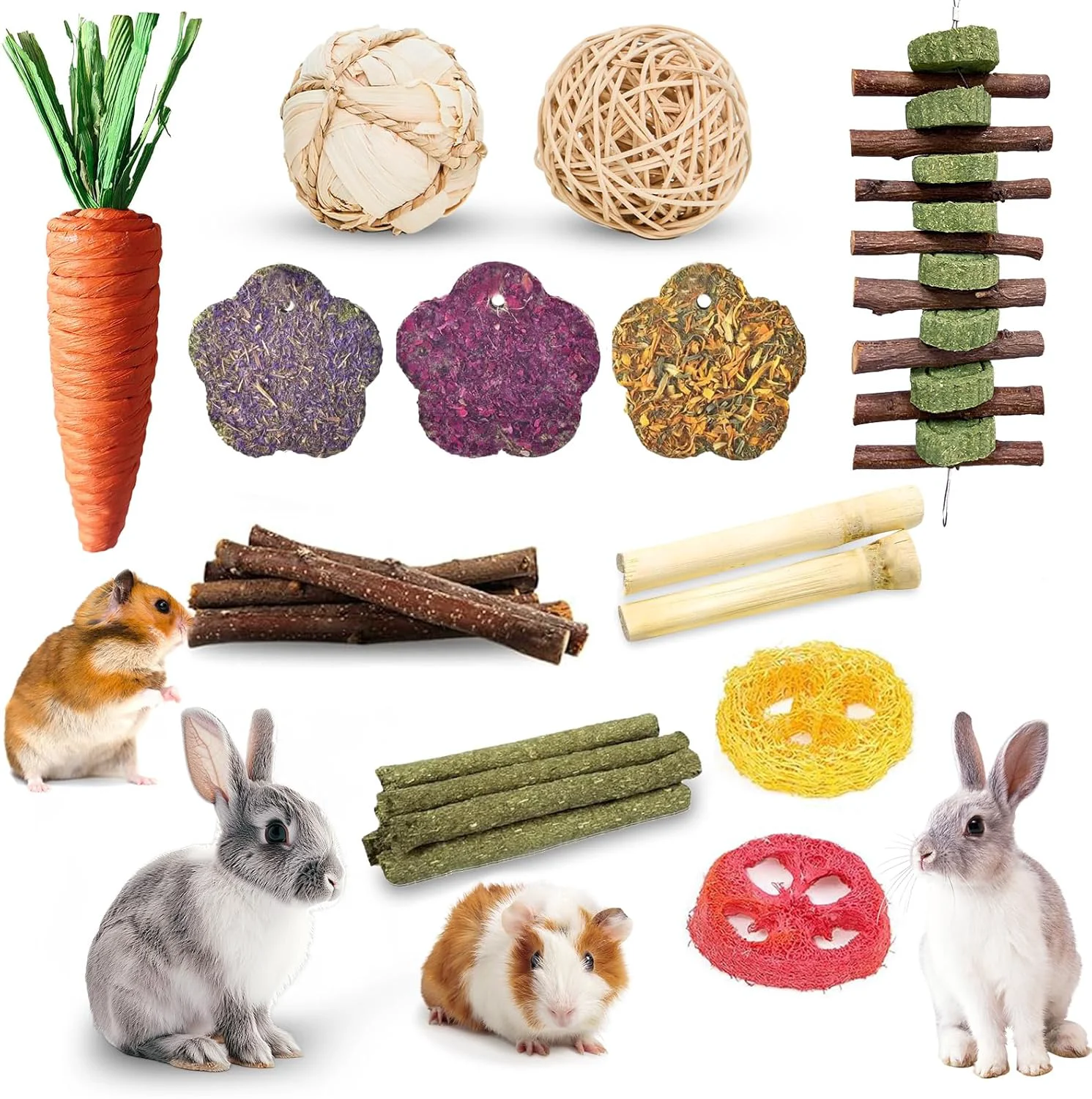 Unique WDEFUN 21-Piece Natural Small Pet Chew Toys Set for Rabbits Hamsters Organic Grass Mat Hay Sticks Loofah Slices Wooden Chews More for Dental Health Boredom Relief User-Friendly