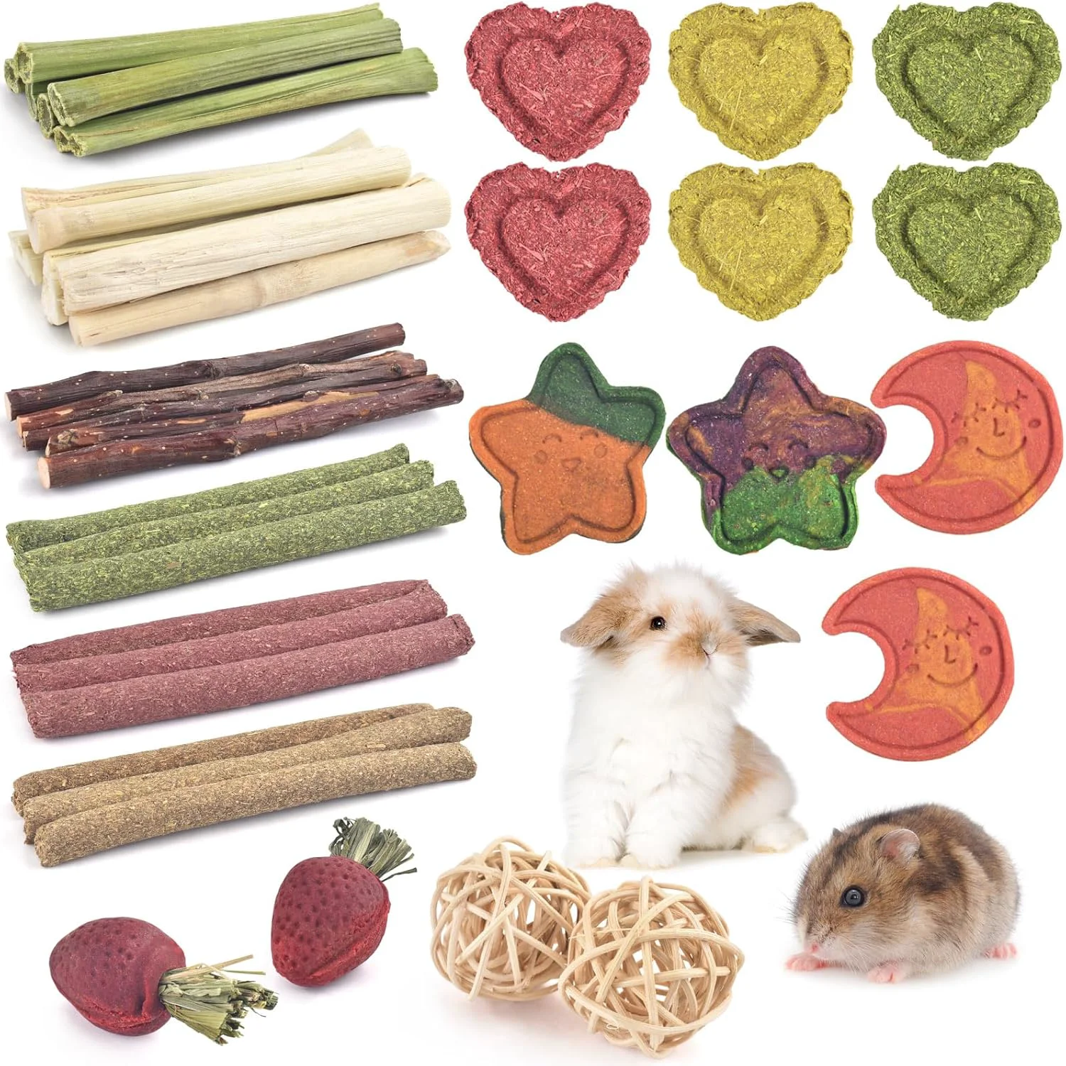 Trusted ERKOON 33PCS Bunny Chew Toys for Rabbits Teeth Natural Rabbit Toys Apple Wood Sticks Carrot Timothy Grass Toys for Small Pets Hamster Chinchilla Guinea Pig Dental Care and Treat Teething Toys Reusable