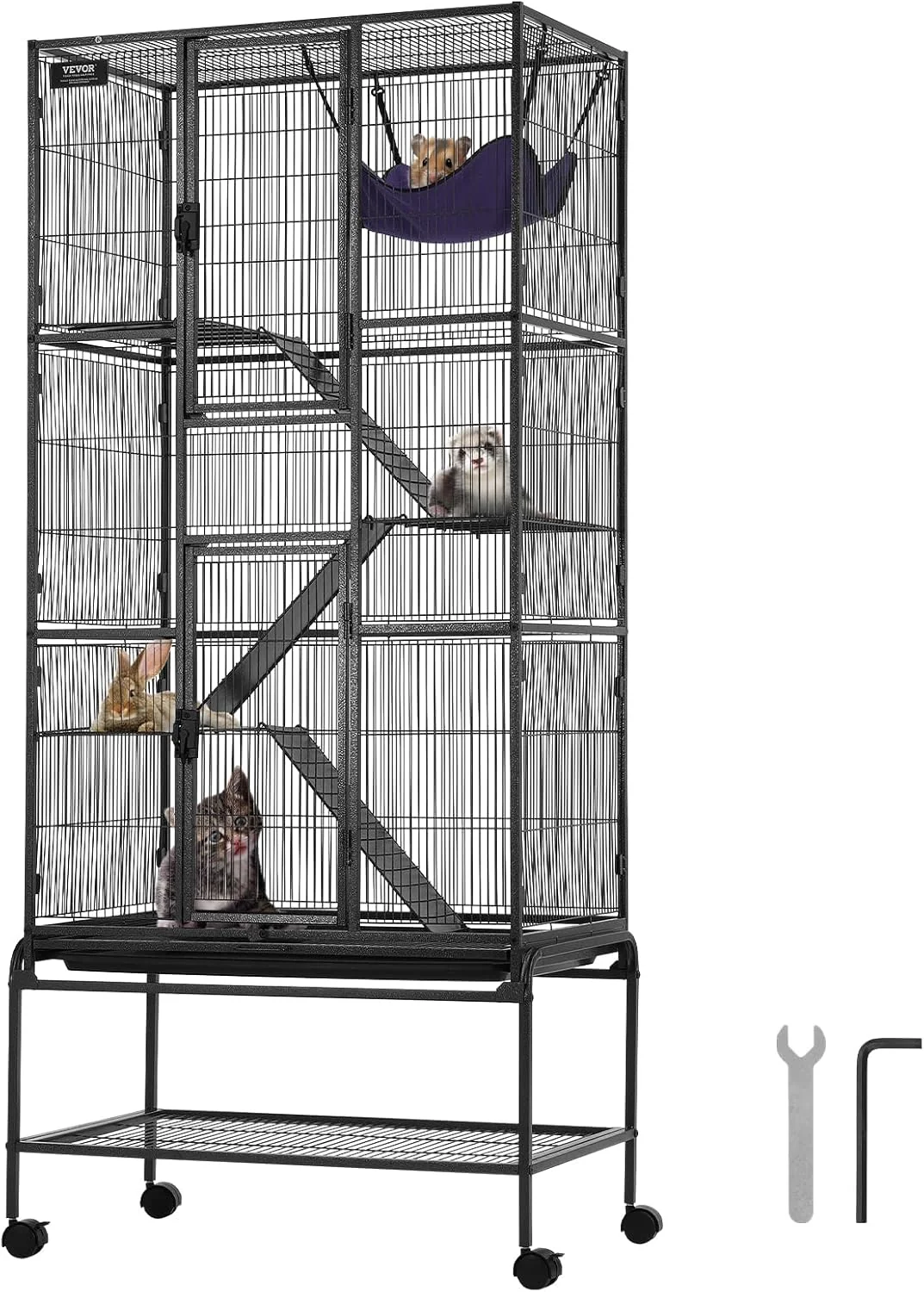 Detailed VEVOR 69 Rolling Metal Ferret Cage Large 4-Tier Critter Nation Cage Small Animal Cage with Ramps Tray Easy to Set up for Pet Mice Hamster Guinea Pig Chinchilla Squirrel Hedgehogs Bunny Breathable