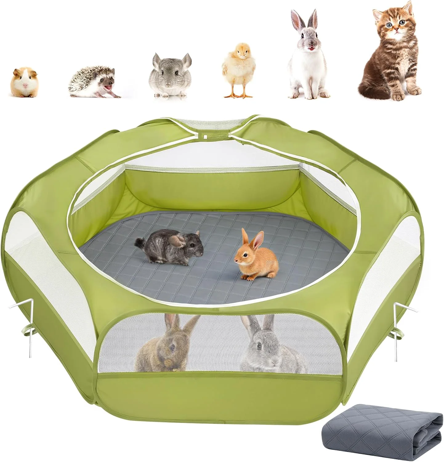 Original Design 2-in-1 Small Animals Playpen with Pad Waterproof Small Pet Cage Tent with Reusable Pad Portable Outdoor Yard Fence with 3 Metal Rod for Chick Kitten Puppy Guinea Pig Rabbits Chinchillas Green High-Quality