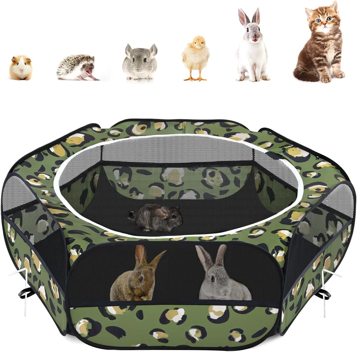 Pure Pawaboo Small Animals Playpen Waterproof Small Pet Cage Tent with Zippered Cover Portable Outdoor Yard Fence with 3 Metal Rod for Chick Kitten Puppy Guinea Pig Rabbits Hamster Leopard Print Flexible