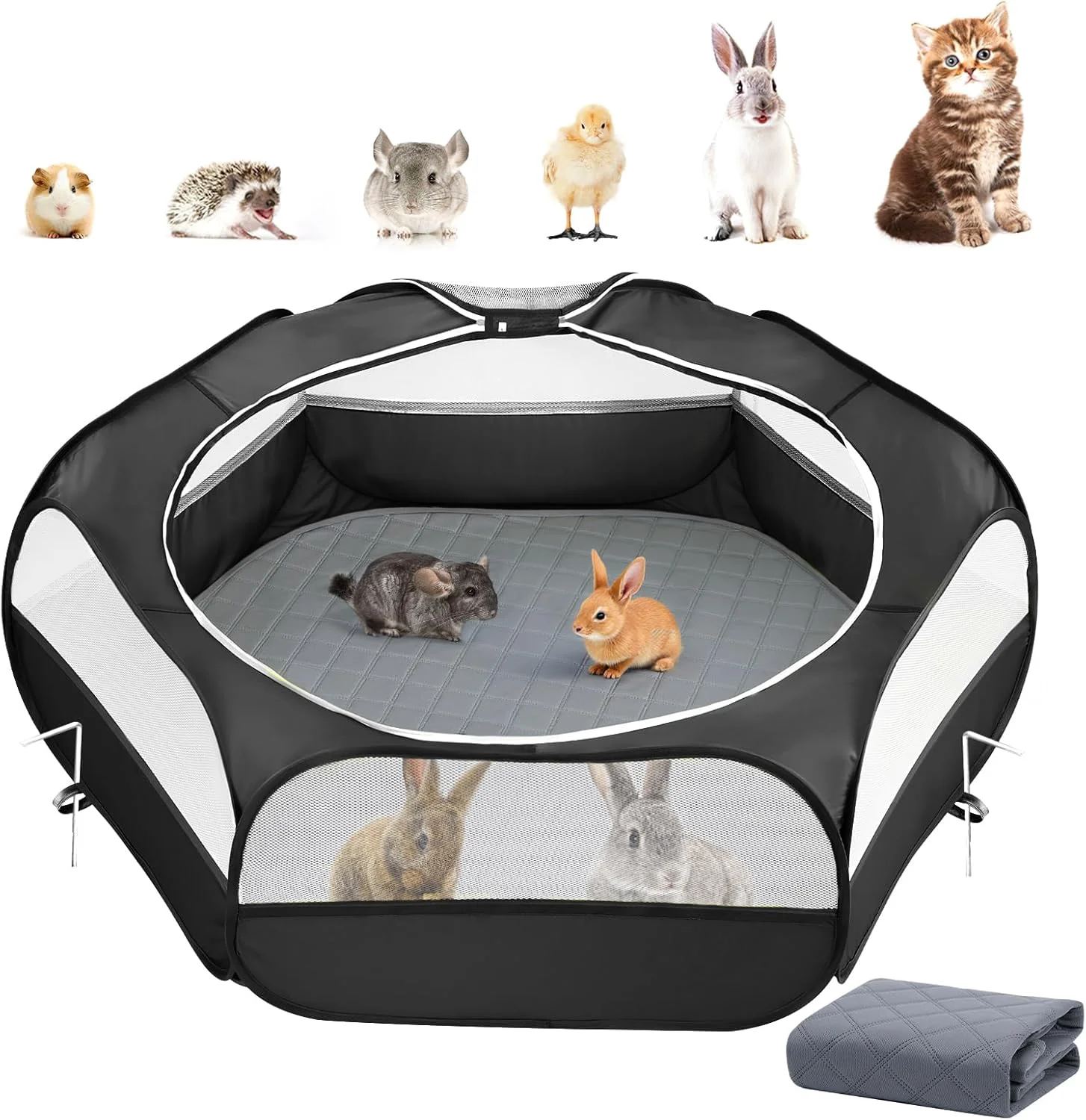 Soft 2-in-1 Small Animals Playpen with Pad Waterproof Small Pet Cage Tent with Reusable Pad Portable Outdoor Yard Fence with 3 Metal Rod for Chick Kitten Puppy Guinea Pig Rabbits Chinchillas Black Consistent