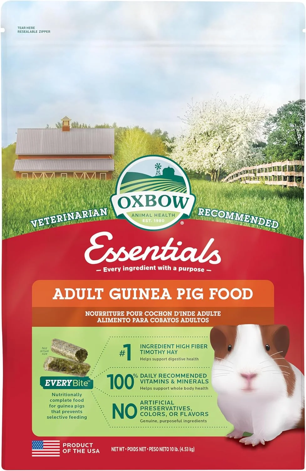 Classic Oxbow Essentials Guinea Pig Food Adult Guinea Pig Made with Oxbow Timothy Hay Pet Food Pellets with Vitamin C Small Animal Pet Products Made in USA High Fiber 10 lb. bag Elegant