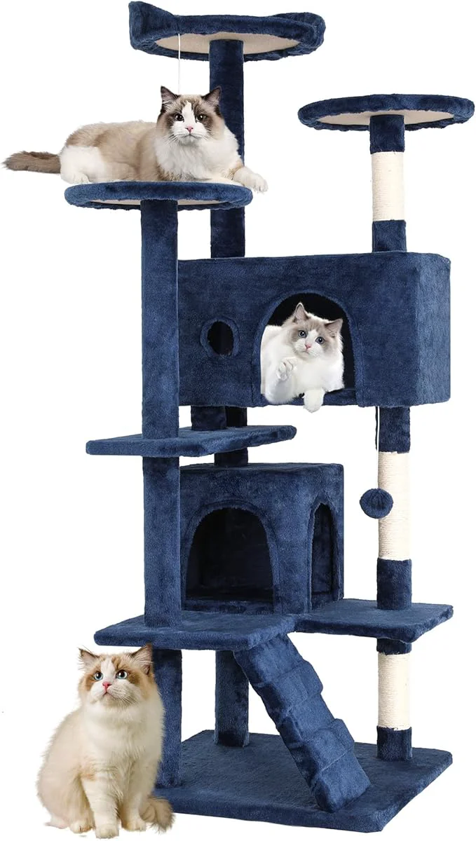Traditional FDW 54 Cat Tree Tower Dark Blue Multi-Level Indoor Activity Center with Sisal Scratching Posts Condos Plush Perches Hanging Cat Toys Sturdy Easy to Assemble for Kittens Adult CatsAbout ThisOverview Reusable