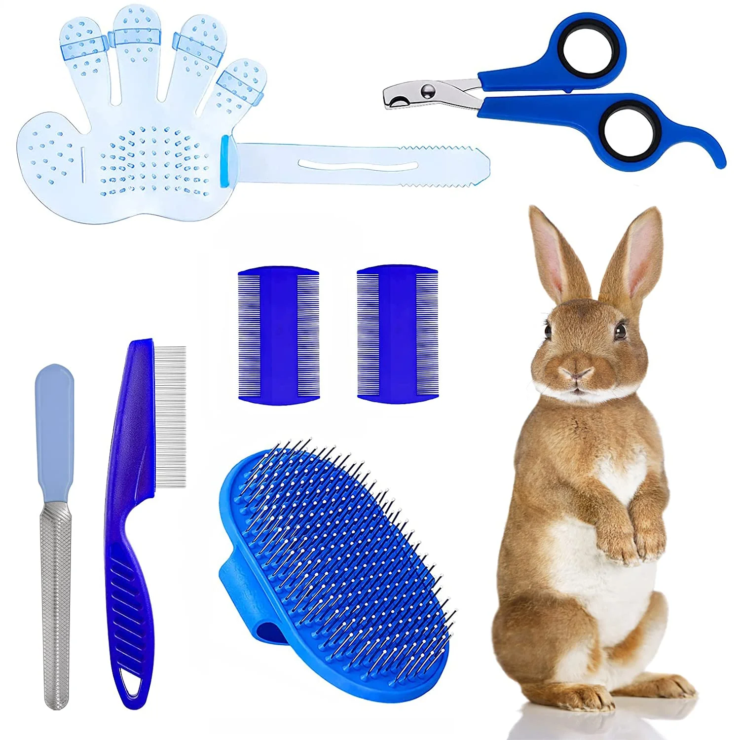 Powerful 7-Piece Small Pet Grooming Kit with Brush Nail Clippers and Adjustable Strap for Rabbits Hamsters Guinea Pigs Blue Official