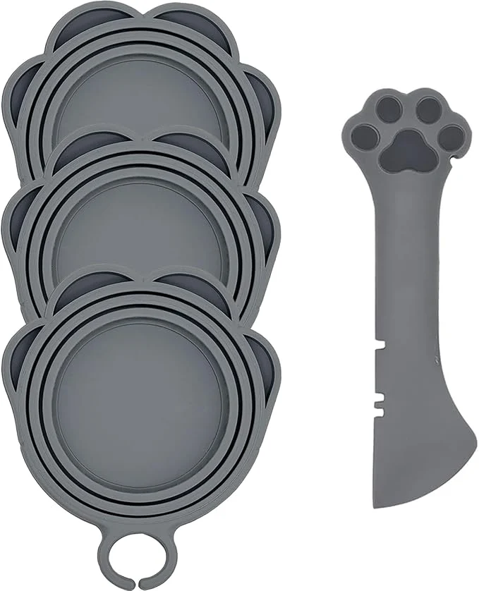 Environmentally Friendly 3 Pcs Cat Food Can Covers One Can Opener Cute Paw Shape Lids and Opener Spatula Cat Wet Food Spoon Universal BPA Silicone Spoon Covers for Dog Cat Cans Grey About ThisOverview Excellent