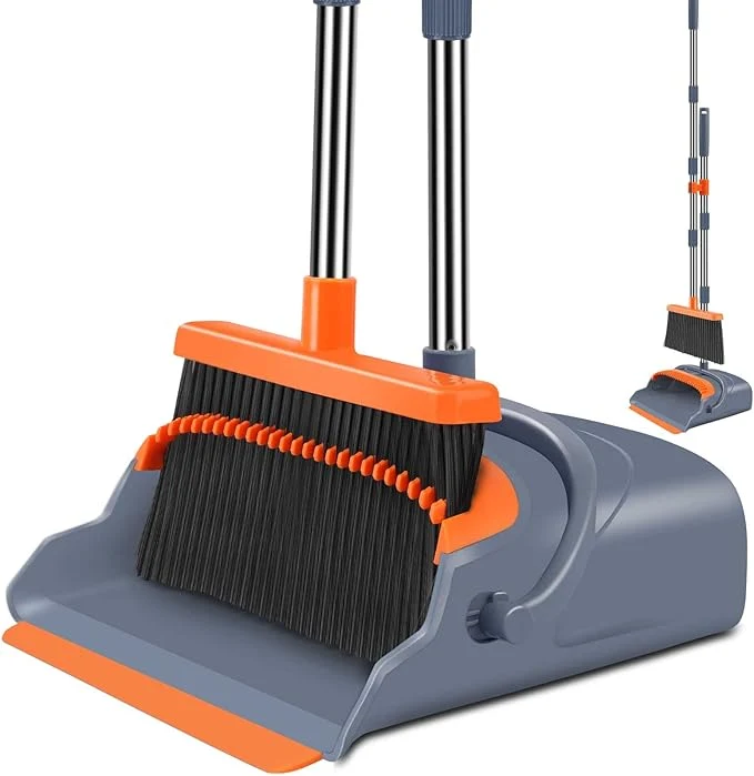 Contemporary kelamayi Upgrade Broom and Dustpan Set Self-Cleaning with Dustpan Teeth Indoor Outdoor Sweeping I for Dog Cat Pets Home Use Stand Up Broom and Dustpan Gray Orange About ThisOverview Eco-Friendly