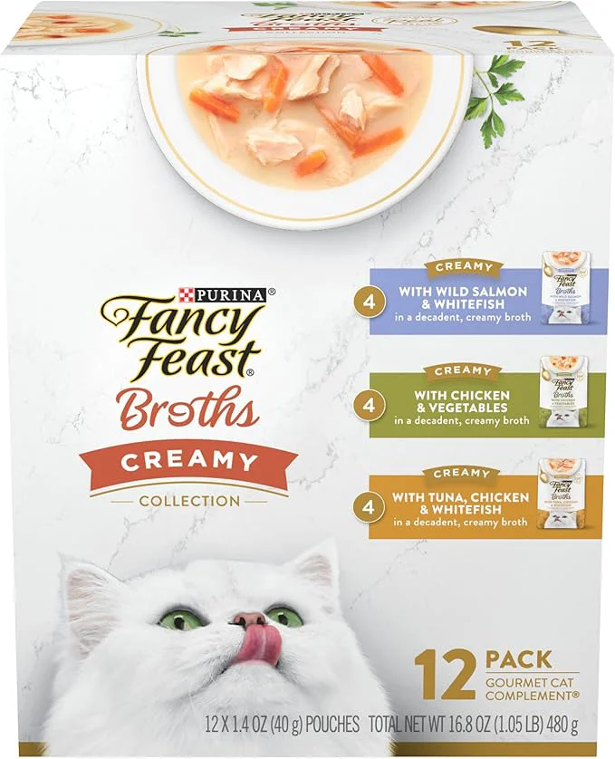 Stylish Purina Fancy Feast Lickable Broth Topper Complement Creamy Wet Cat Food Variety Pack - Pack of 12 1.4 oz. PouchesAbout This Smooth