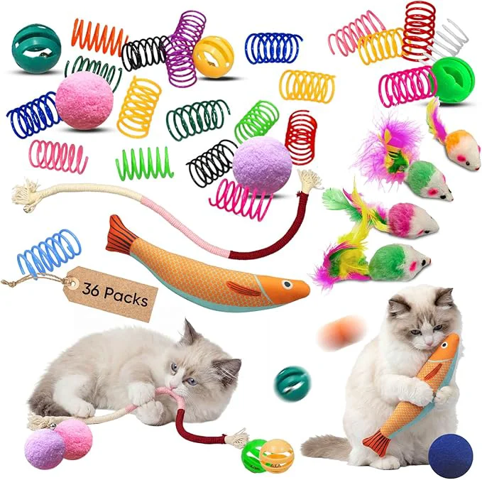 Advanced 36 Pcs Interactive Cat Toys Set for Indoor Cats Kitten Toys Variety Pack Includes Plush Fish Chew Ropes 12Colors Cat Springs Feather Mice and Balls Gift to Relieve Boredom for Adult CatsAbout This Trusted