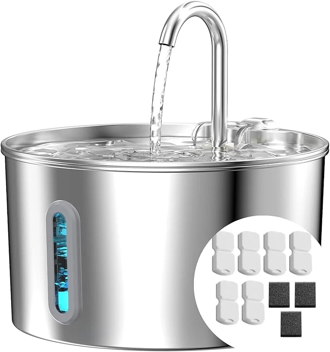 Versatile Cat Water Fountain Stainless Steel 74oz 2.2L Cat Fountain for Drinking - Pet Water Fountain for Cats Inside - Automatic Dog Water Dispenser Bowl Feeding Watering Supplies 6 Filters 3 SpongesAbout ThisOverview Relaxed