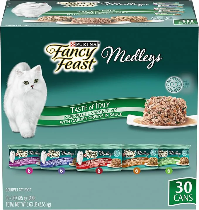 Premium Purina Fancy Feast Wet Cat Food Variety Pack Medleys Taste of Italy With Garden Greens in Sauce - Pack of 30 3 oz. CansAbout This Sustainable