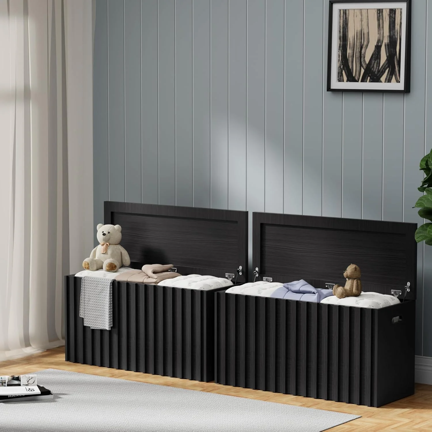Artisan UEV Black Storage Bench Set of 2 39.4 Fluted Wood Storage Trunk with 2 Safety Hinges Sturdy Storage Chest Storage Bench for Bedroom Entryway Living Room Practical