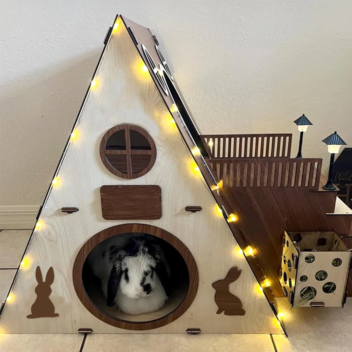 Certified Large Modern Wooden Rabbit Castle House Hutch - Bunny Hideout Indoor Habitats - Pet 2-Story Home Furniture（Excluding Street Lights） Traditional