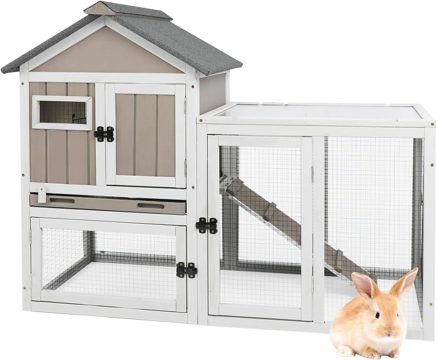 User-Friendly 47''L Rabbit Hutch Outdoor Chicken Coop with Run Wooden Indoor 2 Story Bunny House with Waterproof Roof Pull Out Tray Guinea Pig Rabbit Duck Cage for Small to Medium Animals and Pet Lover Gray Powerful