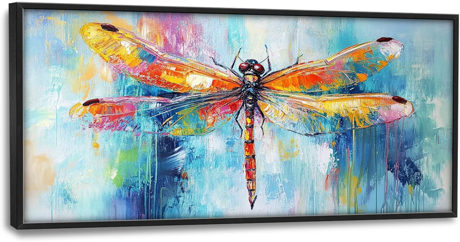 Traditional Extra Large Abstract Dragonfly Framed Wall Art for Living Room Oversized Colorful Dragonfly Pictures Wall Decor Teal Canvas Print Painting Modern Artwork Bedroom Office Bathroom 60L x 30W Comfortable