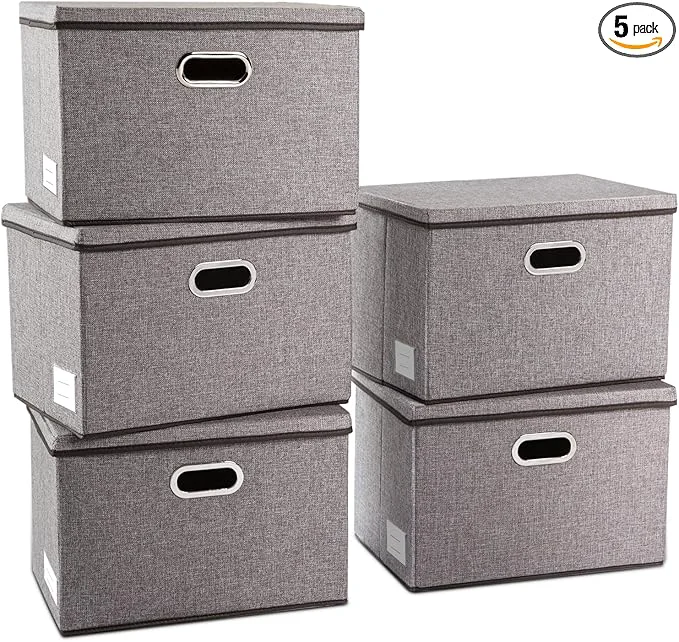Versatile PRANDOM Large Collapsible Storage Containers with Lids 5-Pack Linen Fabric Foldable Storage Bins Boxes Organizer Baskets Cube with Cover for Home Bedroom Closet Office Nursery 17.7x11.8x11.8 About ThisOverview Crafted