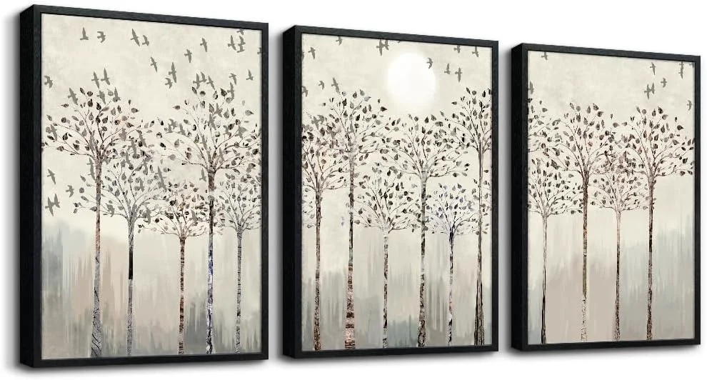 Durable Black Framed Wall Art for Living Room Bedroom Wall Decor office Wall Decorations trees and birds Abstract Wall Paintings Sunrise and sunset Wall Pictures Artworks Modern 3 Piece Framed Prints Art Comfortable