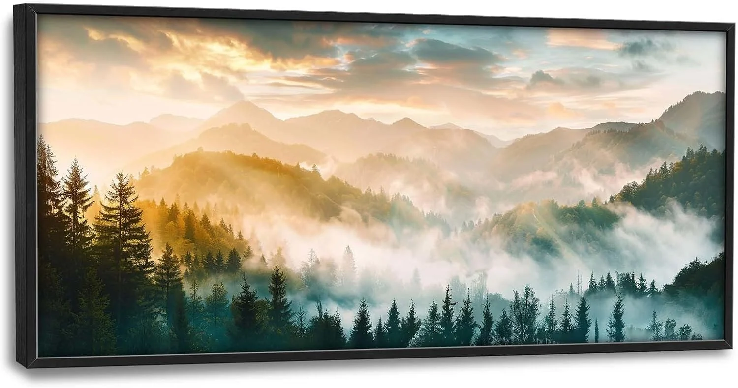 Lightweight Mountain Large Wall Art Foggy Forest Landscape Pictures Sunrise Wall Decor Nature Scenery Canvas Print Painting Artwork for Bathroom Living Room Bedroom 60L x 30W High-Grade