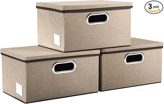 Classic PRANDOM Storage Bins with Lids 3-Pack Jute Fabric Foldable Storage Boxes Organizer Containers Baskets Cube with Cover for Home Bedroom Closet Office Nursery khaki（11.4X8.6X6.7About ThisOverview Fine
