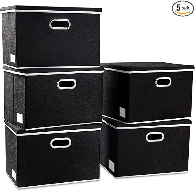 Contemporary PRANDOM Foldable Storage Bin with Lid 5-Pack Linen Fabric Decorative Storage Box Organizer Container Basket Cube with Handles Divider for Closet Office Living Room Black 14.9x9.8x9.8 About ThisOverview Durable