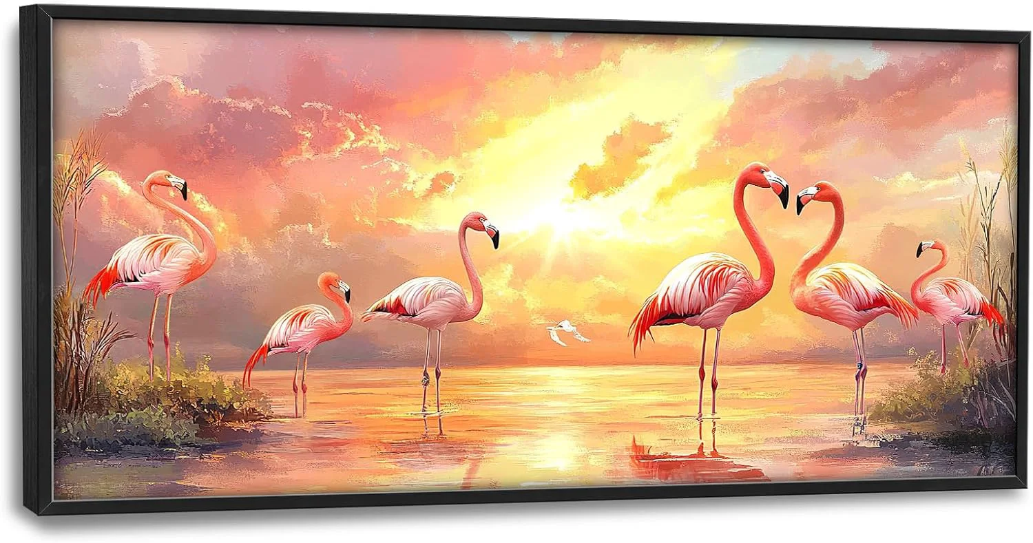 Fashionable Large Flamingo Wall Art for Living Room Framed Oversized Sunset Lake Wall Decor Landscape Canvas Painting Pictures Modern Artwork for Living Room Bathroom Bedroom Office Dining Room 60 x30 Healthy