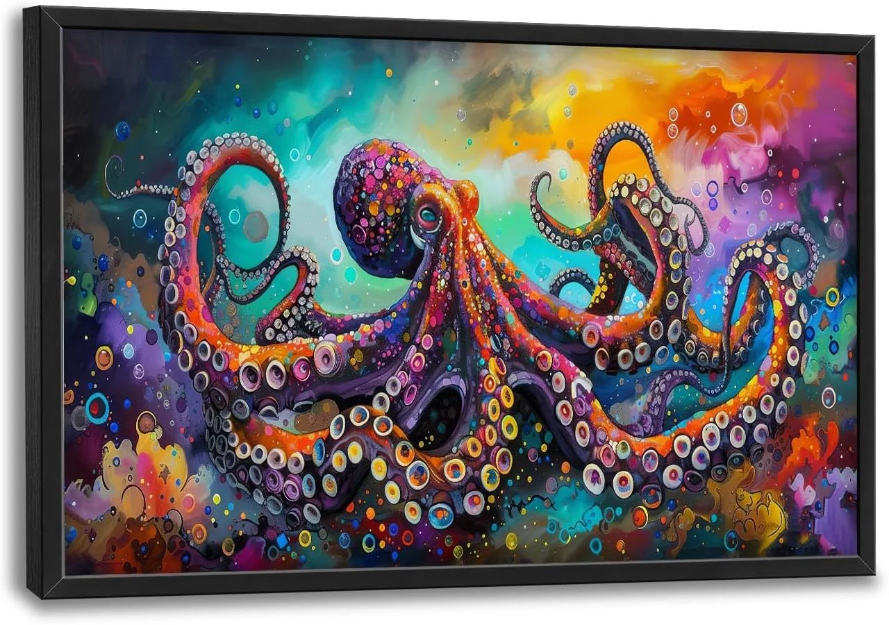 High-Grade Quorin Octopus Large Wall Art Abstract Colorful Octopus Pictures Sea Ocean Animal Wall Decor Canvas Print Painting Artwork for Bathroom Living Room Bedroom 36L x 24W Stylish