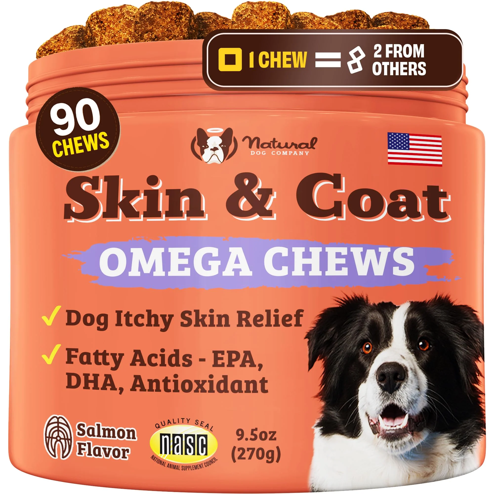 Exclusive Natural Dog Company Skin Coat Supplement for Dogs – Omega-3 Salmon Oil Biotin Vitamin E 90 Count Effective