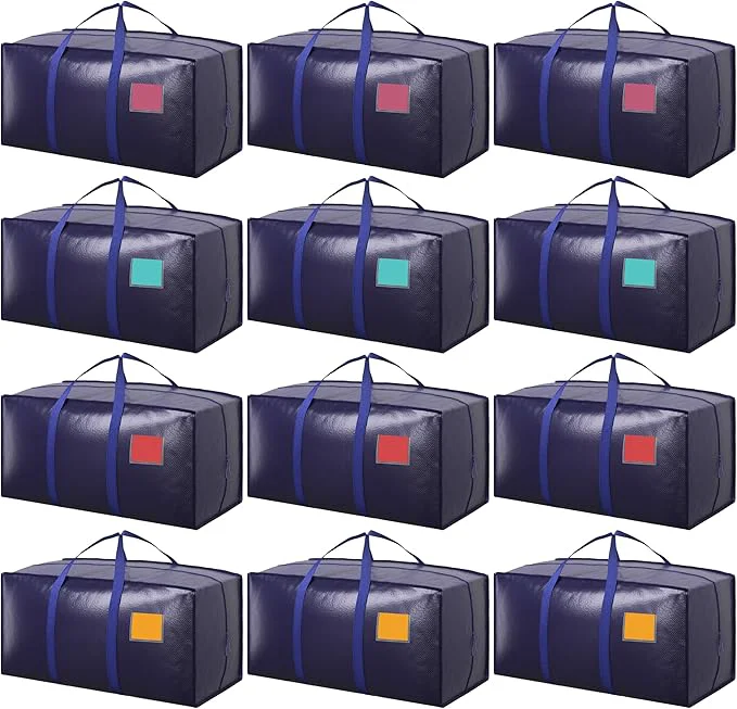 Traditional 12 Pack Extra Large Heavy Duty Moving Bags with Reinforced Zipper Wide Handles Moisture-Resistant Storage Bins Packing Cubes for Clothes College Dorm Travel and Home Organization DarkBlueAbout ThisOverview Recyclable