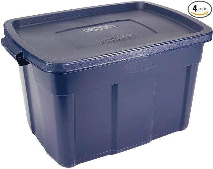 Top-Quality Rubbermaid Roughneck Tote 25 Gal 4 Pack Made in USA Dark Indigo Metallic Rugged Plastic Stackable Storage Bins with Lids and HandlesAbout ThisOverview Next-Generation
