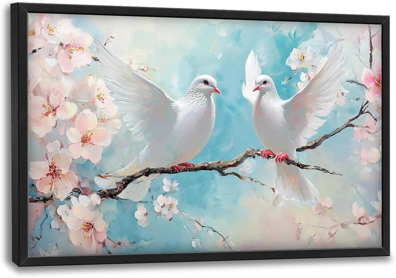 Comfortable Large White Dove Flower Wall Art for Living Room Framed Oversized Pigeon Cherry Blossom Wall Decor Nature Canvas Painting Modern Artwork for Living Room Bathroom Bedroom Office Dining Room 36 x24 Crafted