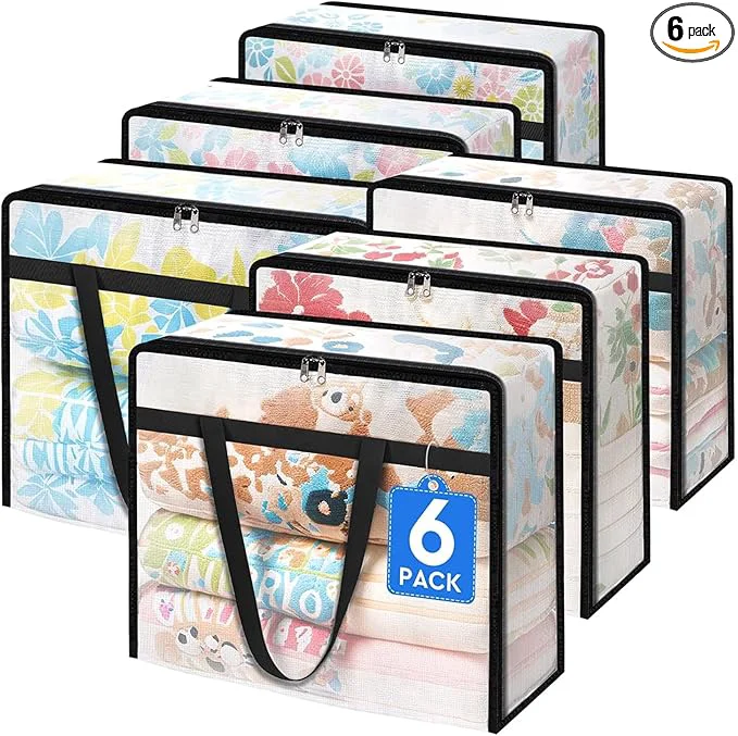 Artisan BlissTotes 6 Pack Clear Clothes Storage Bags Moving Bags Foldable Blanket Storage Under Bed Storage Containers with Sturdy Zipper and Handle for Clothing Comforter Bedding Sheet 90L About ThisOverview First-Class