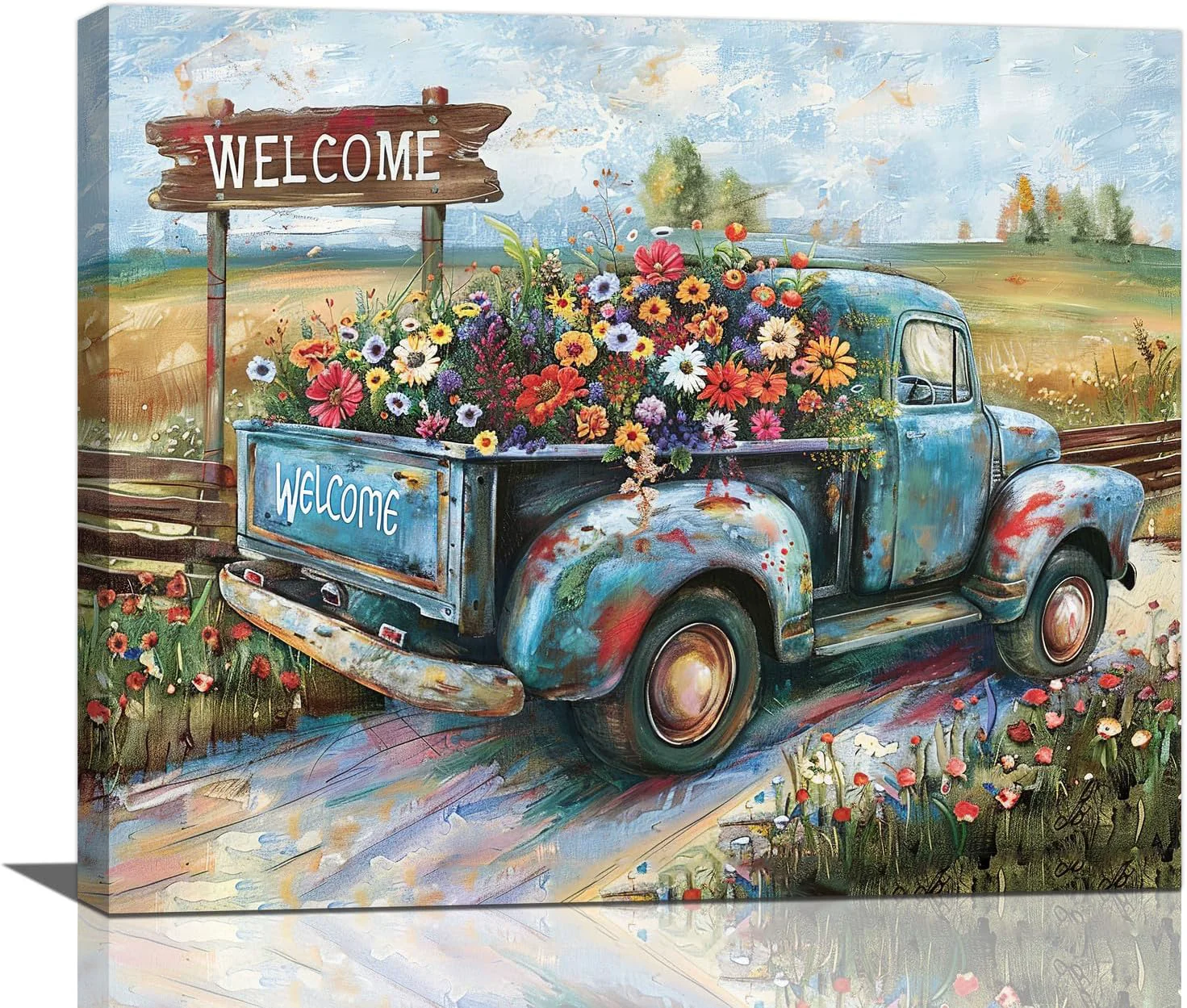 Convenient Farmhouse Truck Wall Art Rustic Country Wildflowers Wall Decor Road Flowers Landscape Pictures Canvas Print Painting Artwork for Bathroom Living Room Bedroom 20 x24 Traditional