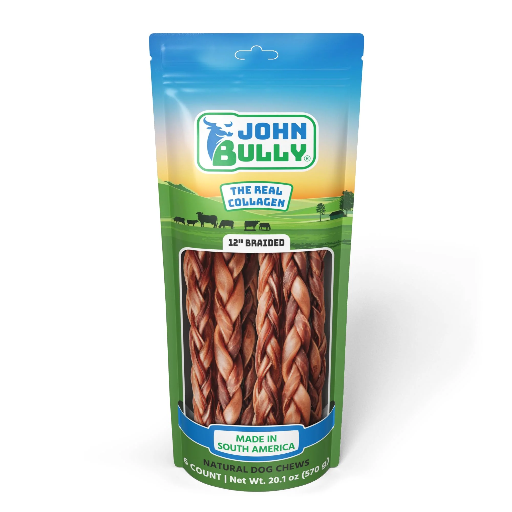 Pure John Bully Collagen Braided 12in 6PK Odor- Digestible Dog Treats Fast