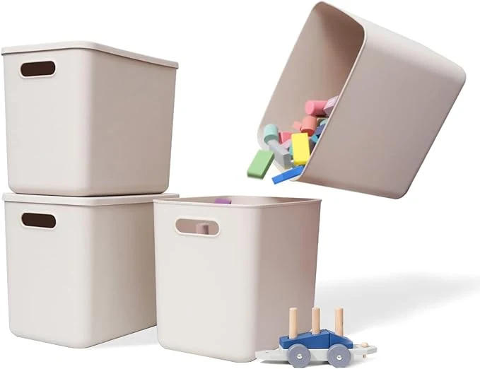 User-Friendly Plastic Storage Baskets With Lid Organizing Container Lidded Knit Storage Organizer Bins for Shelves Drawers Desktop Closet Playroom Classroom Office 4L Light grey About ThisOverview Effective