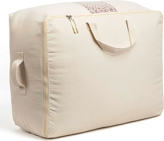 Clean Soft Canvas Storage Bags with Zipper. Thick Breathable 1pc King Queen Comforter Organizer. Four Carrying Handles and Window. Large 25x19x9in Bag for Sheets Blankets Bedding Pillows ClothesAbout ThisOverview User-Friendly